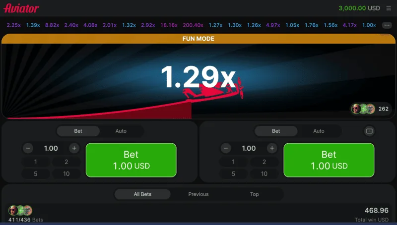 1xBet Aviator crash game interface with multiplier and bet controls