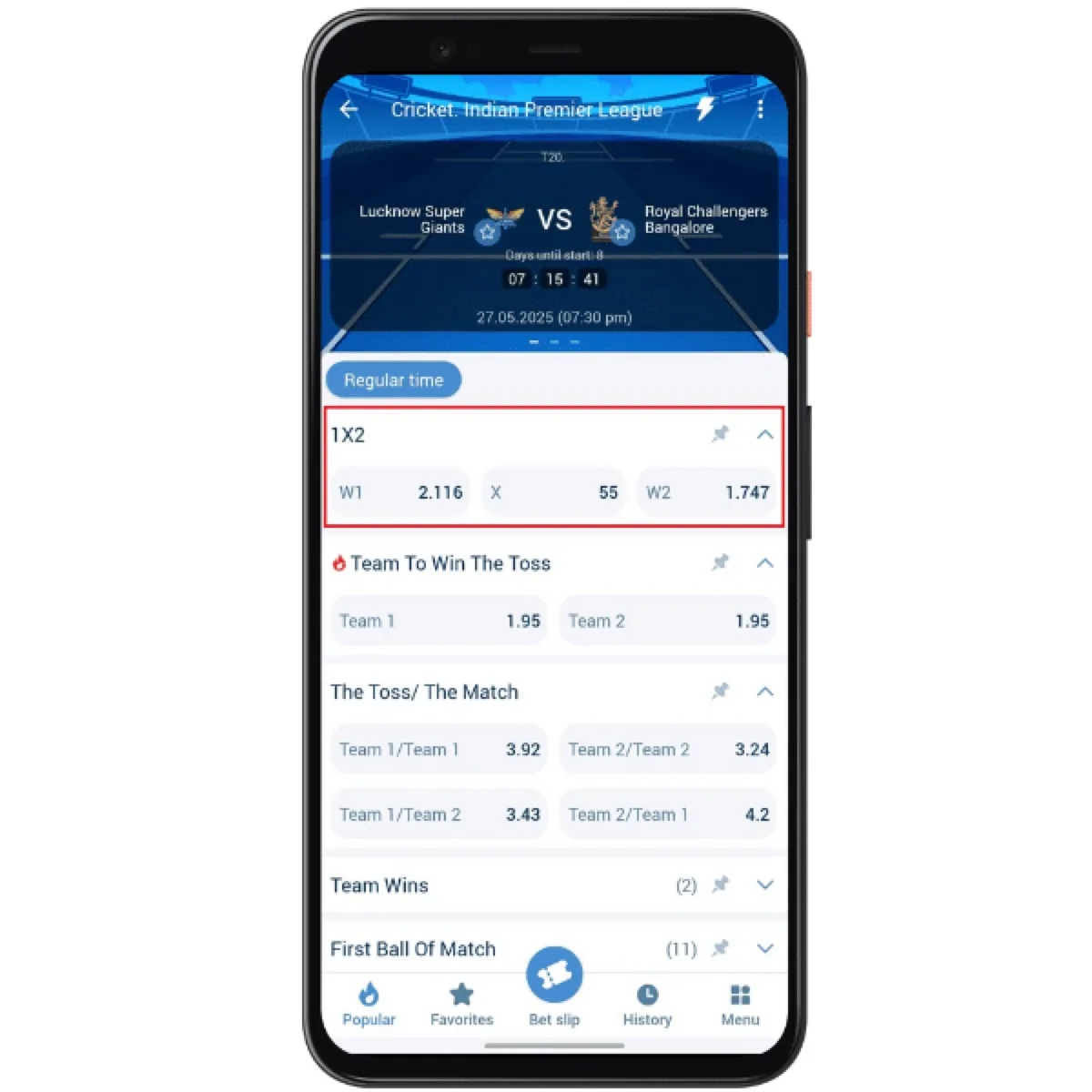 1xBet live cricket odds interface on mobile