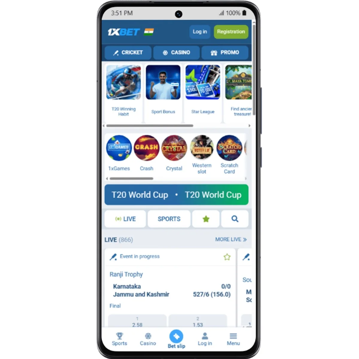 1xBet mobile app with cricket betting and casino navigation